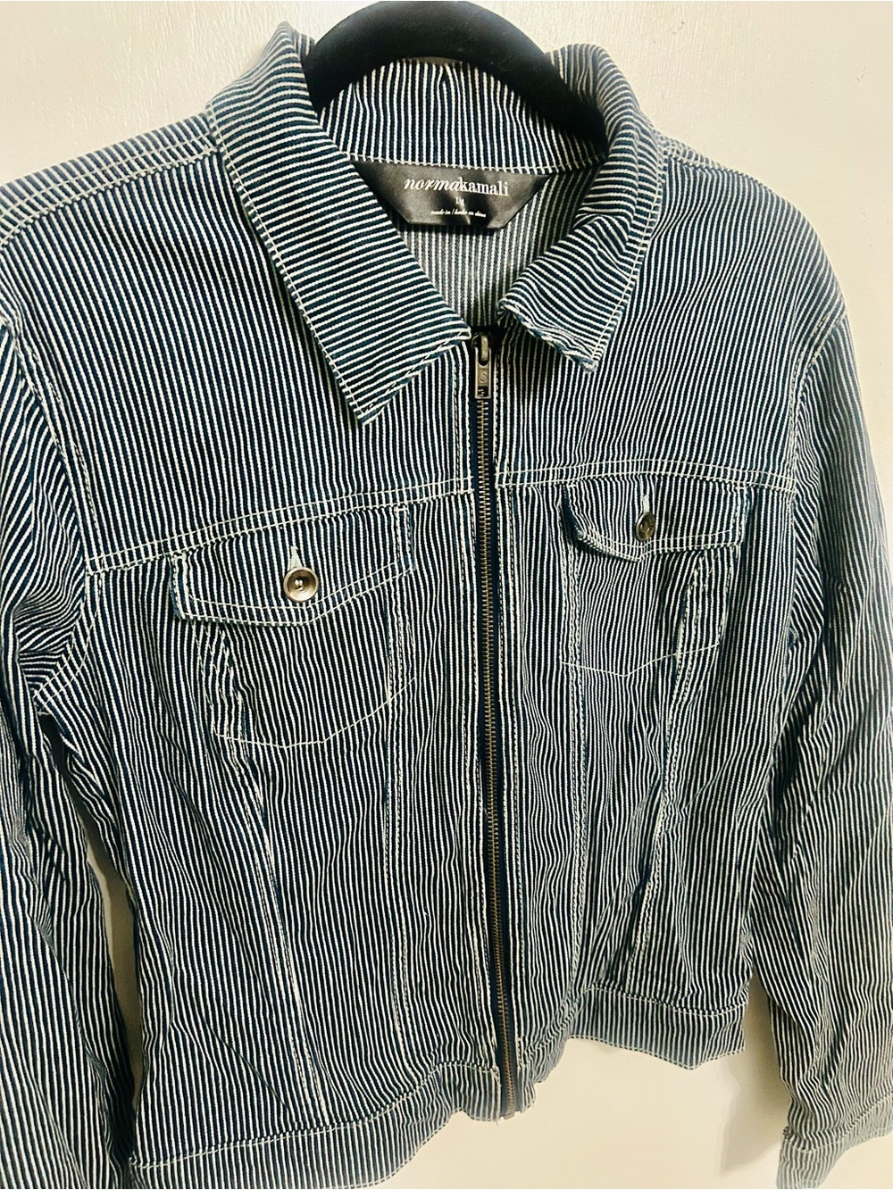 Norma Kamali Navy and White Striped Zip-Front Jean Jacket
